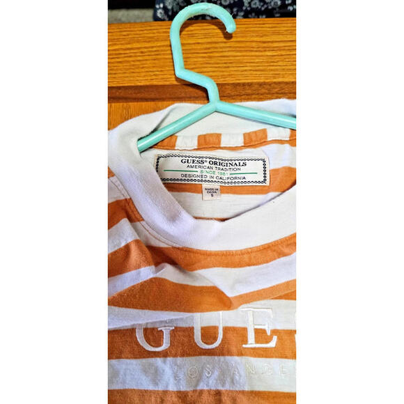 Vintage Guess Originals Los Angeles Gold Yellow Mustard White Striped Tee Shirt - Picture 2 of 3